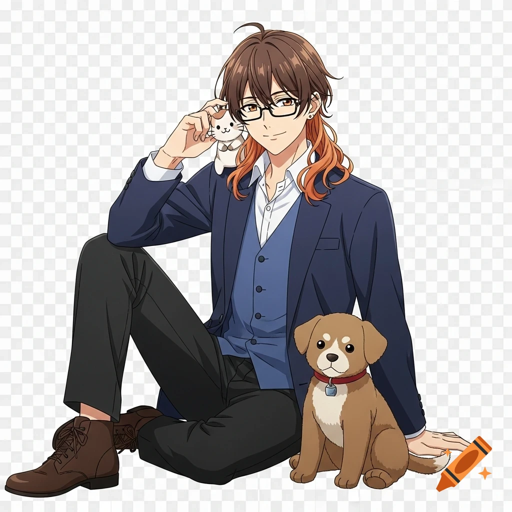 Anime-style illustration of a man with glasses and brown-orange hair, sitting with a plush cat on his arm and a plush dog at his feet.
