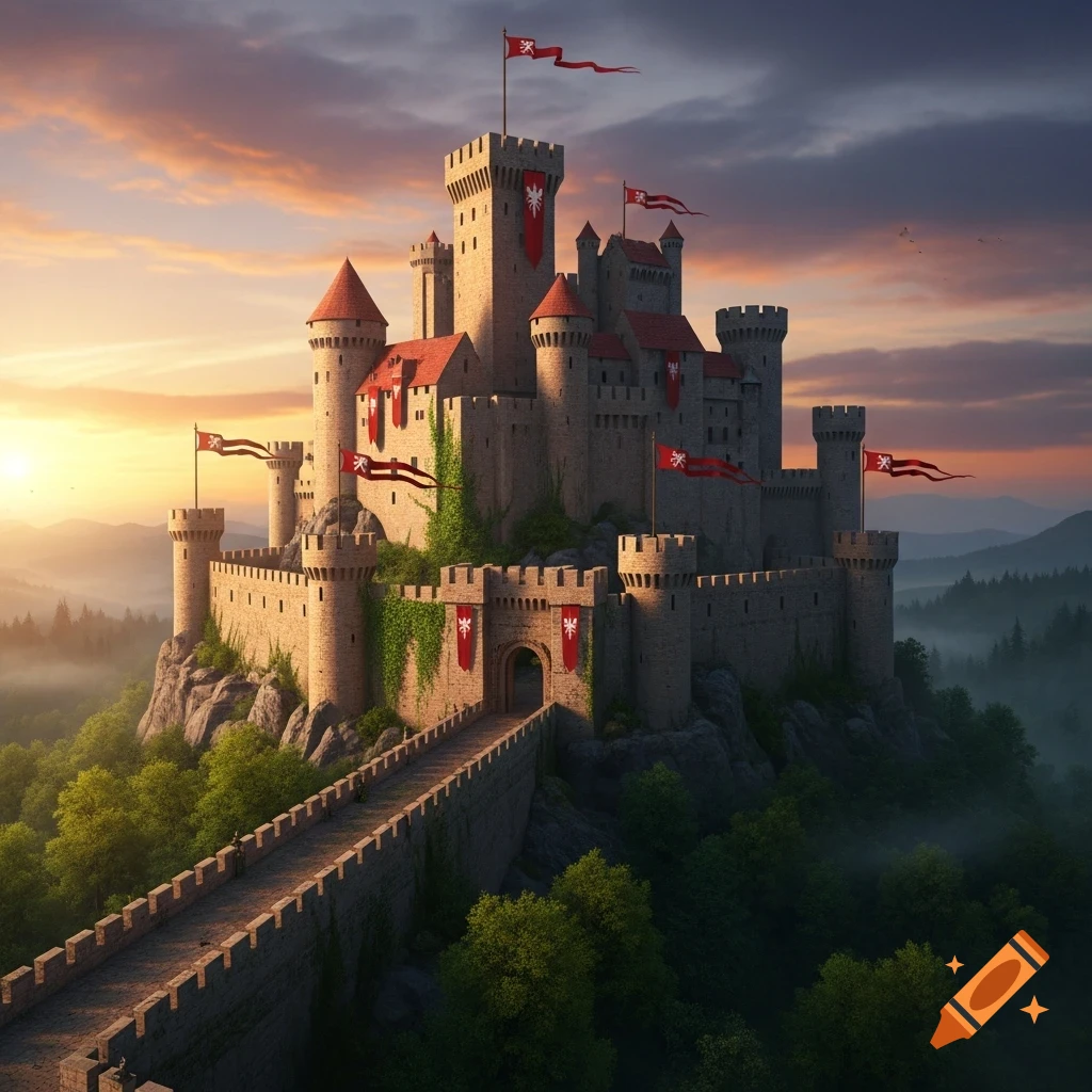 A majestic medieval castle with red banners on a rocky hill, surrounded by misty forests, bathed in the glow of a sunset.