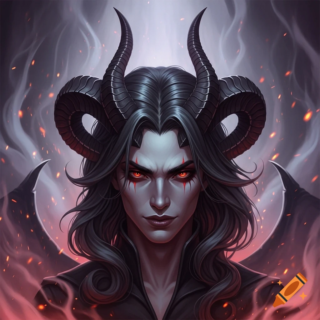 A dark fantasy portrait of an androgynous devil with large black horns, red glowing eyes, pale skin, and black markings, surrounded by smoke and embers.
