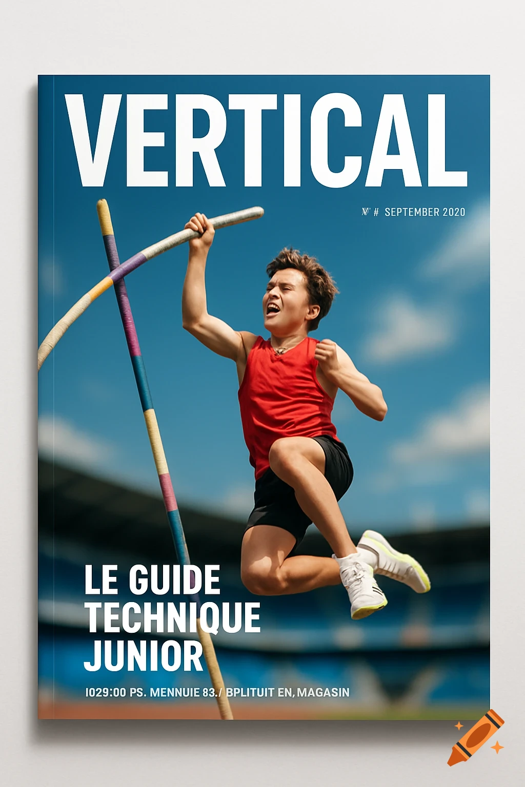 A realistic magazine cover titled "VERTICAL" featuring a young male pole vaulter mid-air against a bright blue sky, with text "LE GUIDE TECHNIQUE JUNIOR".
