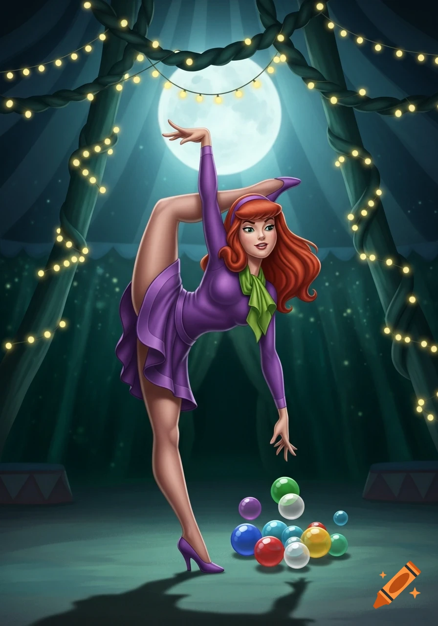Daphne from Scooby-Doo as a contortionist, stretching gracefully under a full moon and string lights in a circus tent, reaching for colorful balls. Cartoon style.