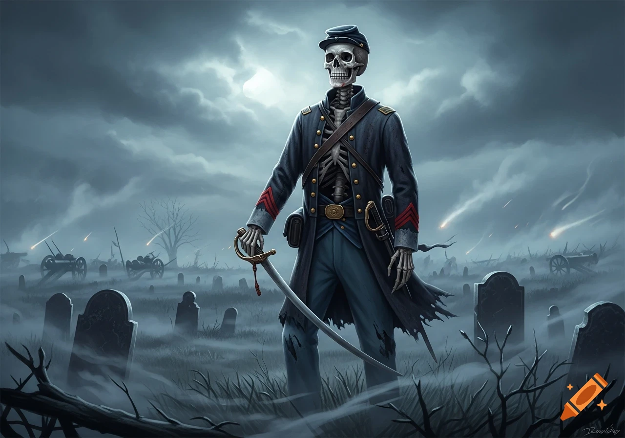 A skeletal Civil War soldier with a sword stands in a foggy graveyard amidst cannons and falling meteors, in a dark fantasy style.
