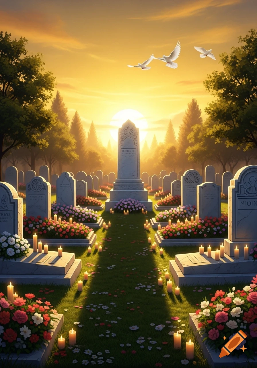 A serene cemetery at sunset with a central gravestone, flowers, and lit candles. White doves fly in the golden sky above trees.