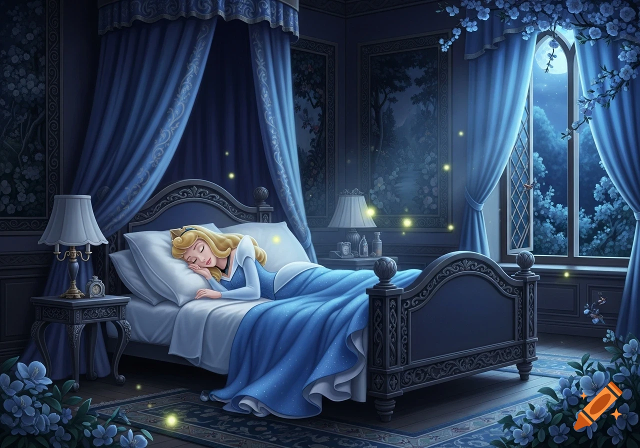 Animated Princess Aurora sleeps soundly in a blue canopy bed in a dimly lit, ornate castle bedroom at night.