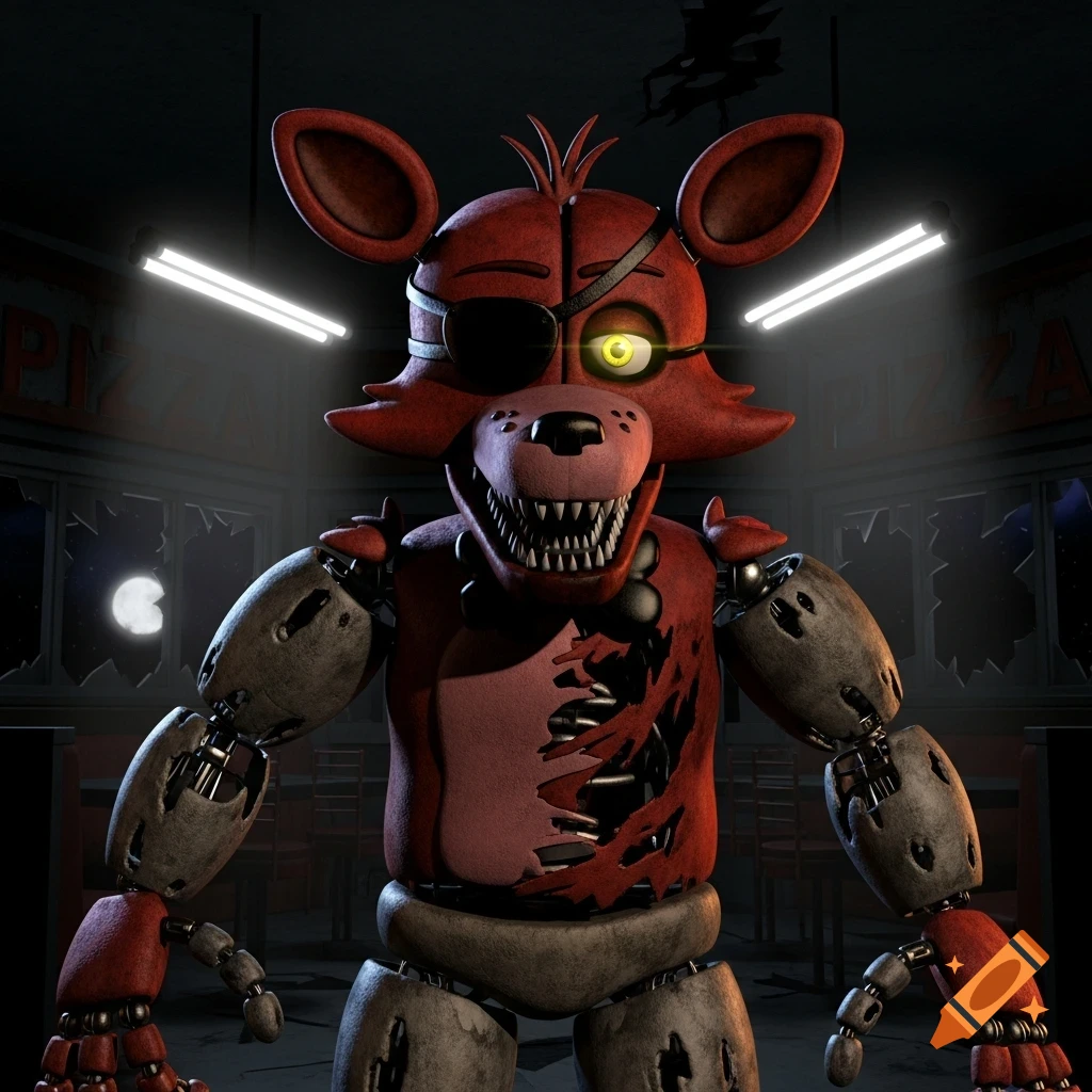 A 3D render of the red animatronic fox Foxy with an eyepatch and sharp teeth, standing in a dark, dilapidated pizzeria.