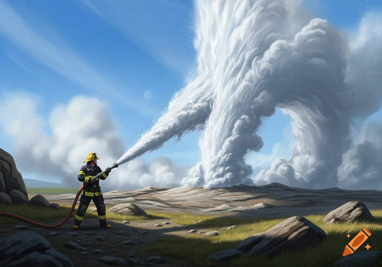 A firefighter sprays a massive geyser of steam into the sky from a firehose in a desolate landscape.