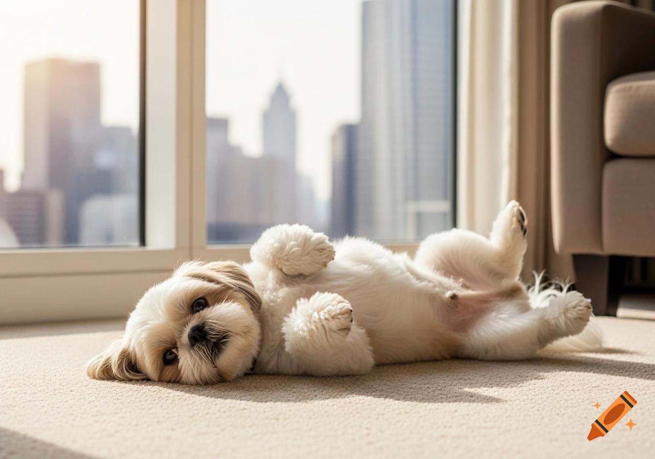 A white and brown Shih Tzu dog lies on its back on a beige carpet, looking up, with a city skyline visible outside a window.