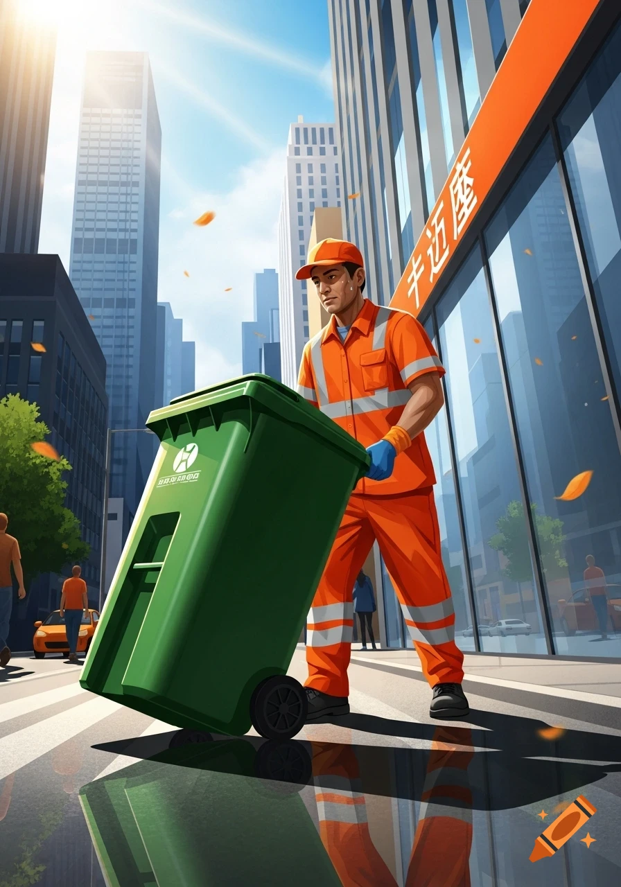 A cartoon-style street cleaner in an orange uniform pushes a green trash bin down a city street on a sunny day, with tall buildings in the background.