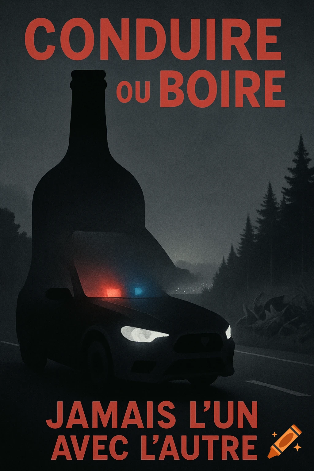 Stylized prevention poster with a police car silhouette inside a bottle outline on a dark road, with red text warning against drinking and driving.