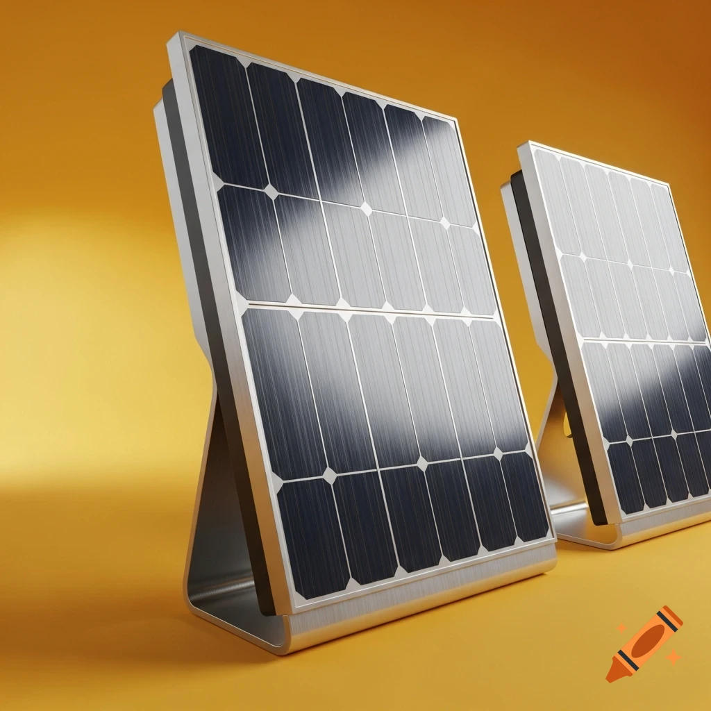 Two modern solar panels resembling desktop computers, rendered photorealistically against a yellow background.