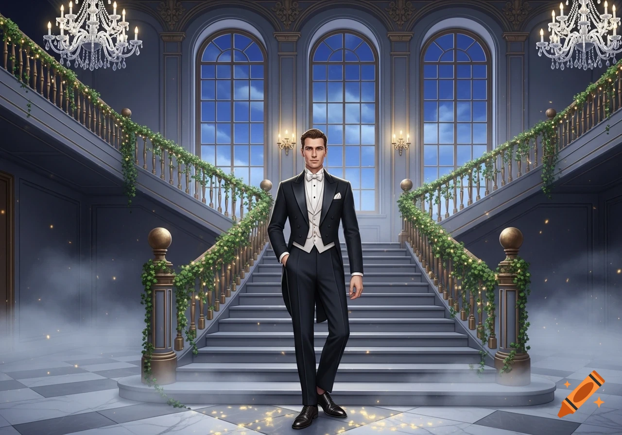 Dapper man in tuxedo on grand staircase in an elegant hall with arched windows and chandeliers.