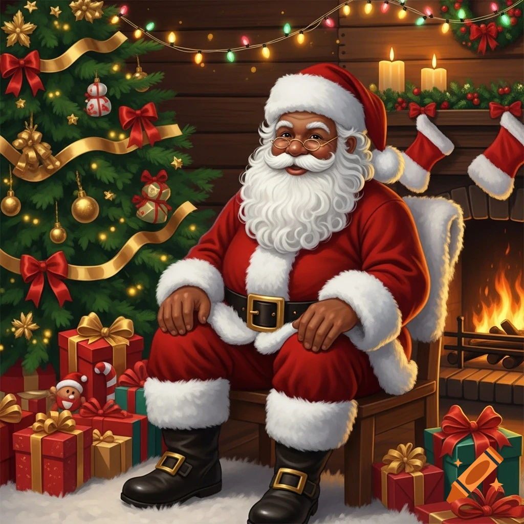 A brown-skinned Santa Claus sits by a fireplace next to a decorated Christmas tree with presents.