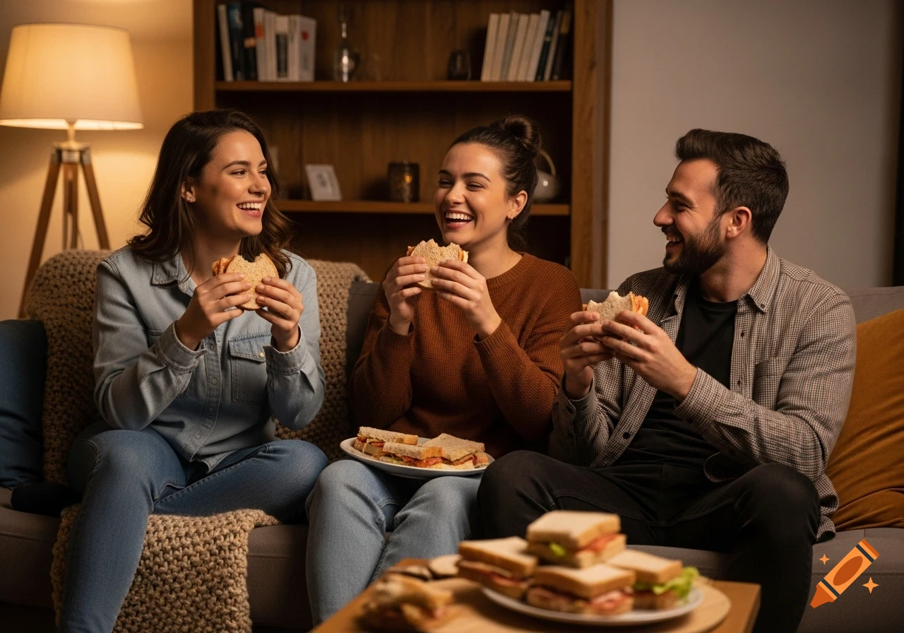 Three friends happily eating sandwiches on a couch in a cozy living room, laughing together.