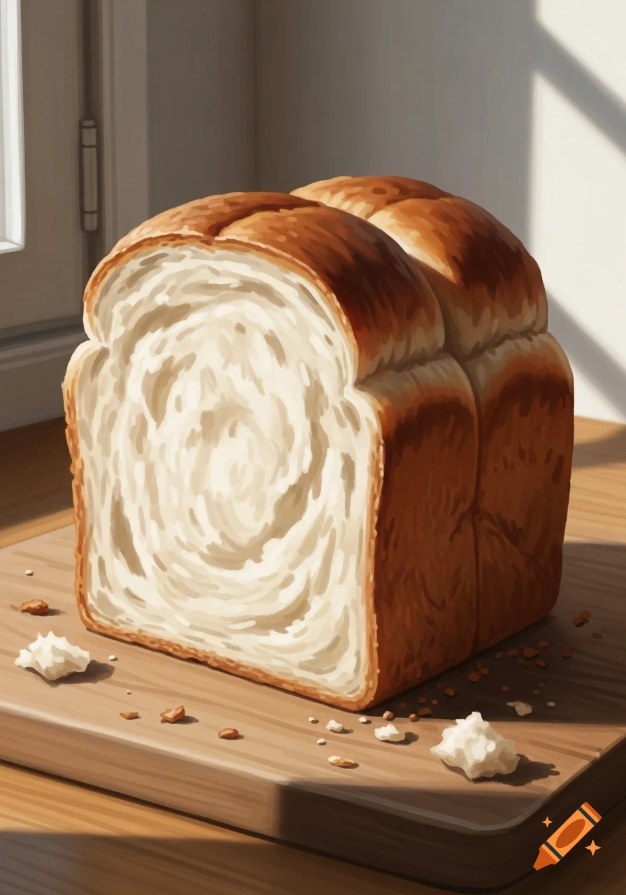 A close-up of a sliced loaf of bloomer bread with a brown crust on a wooden cutting board, illuminated by sunlight from a window.
