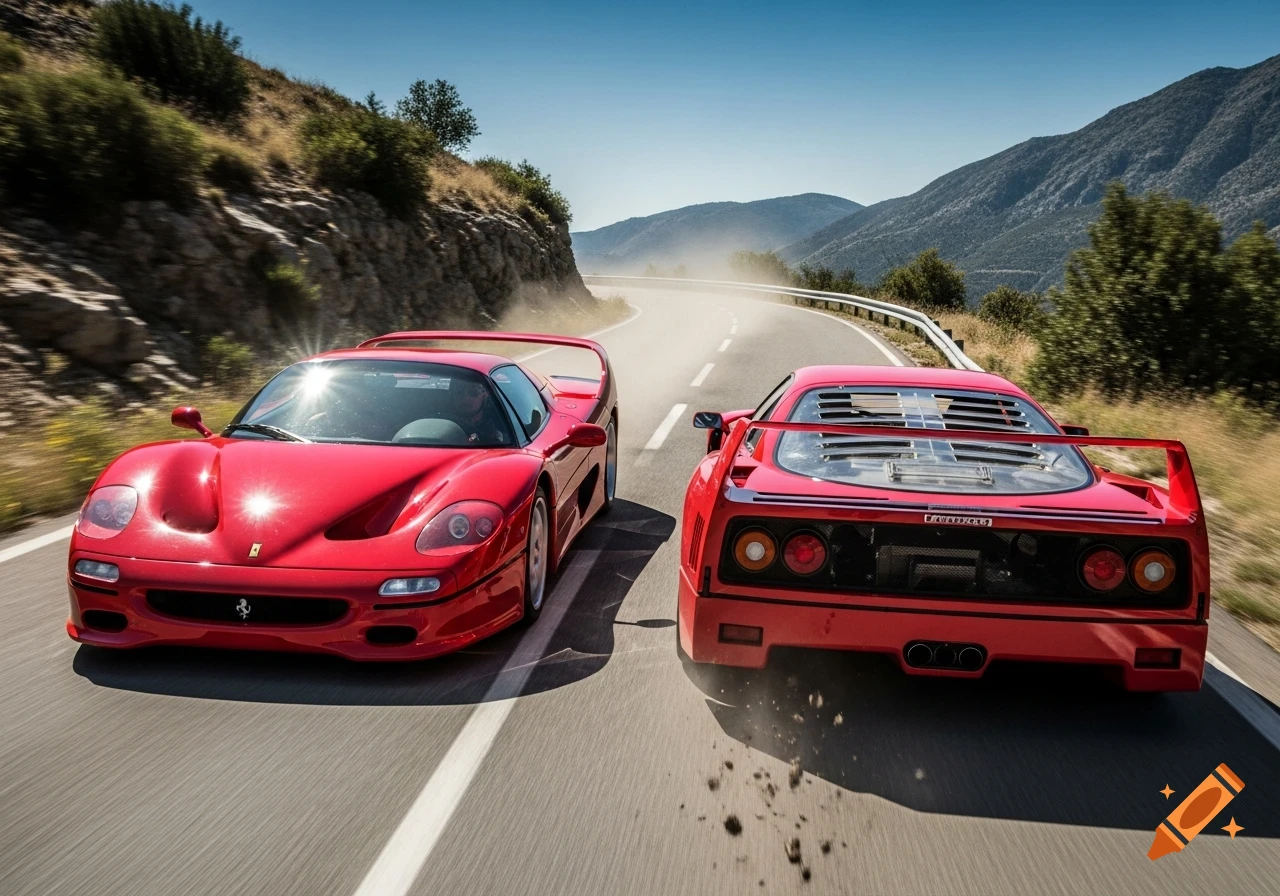 Two red Ferrari sports cars, an F50 and an F40, drive on a sunny mountain road with dust trailing behind.