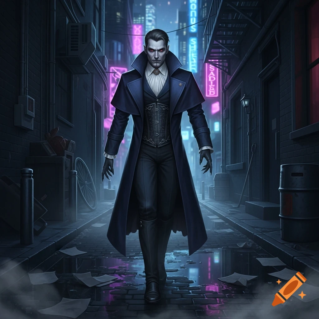 A menacing male vampire with red eyes and clawed fingers stands in a dark, neon-lit urban alley.