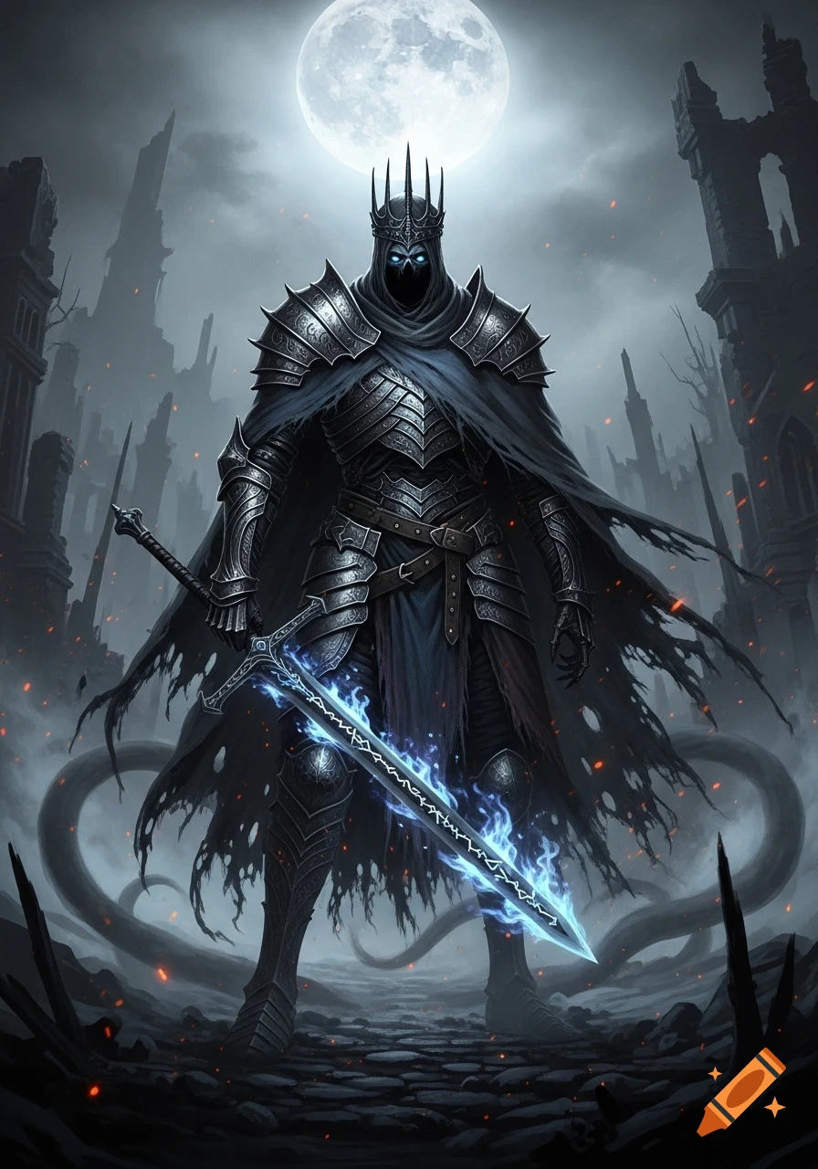 A menacing armored knight with a spiked crown and glowing blue eyes stands in a ruined landscape under a full moon, holding a glowing blue sword.