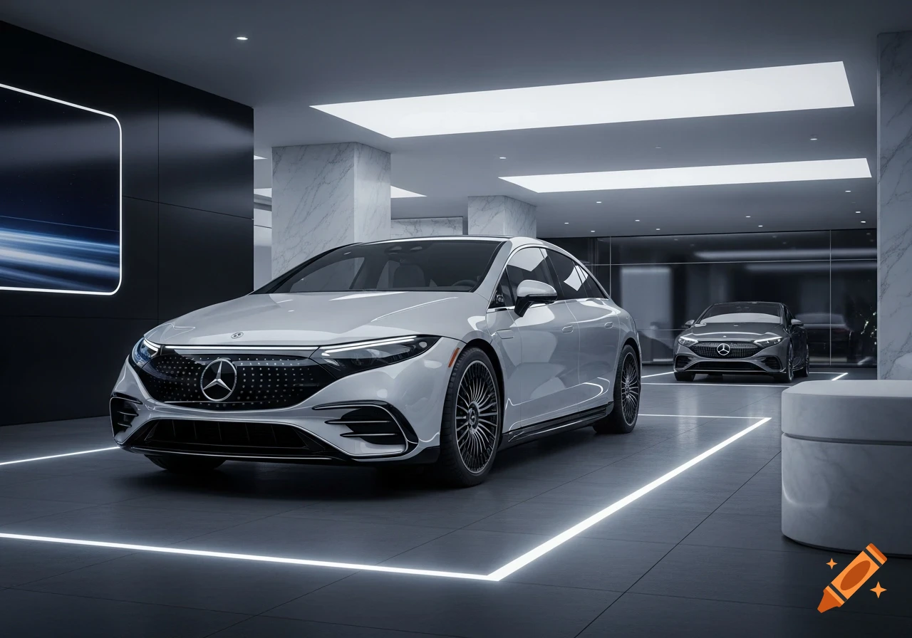 A white Mercedes-Benz electric car is parked prominently in a sleek, modern showroom with a dark car in the background.