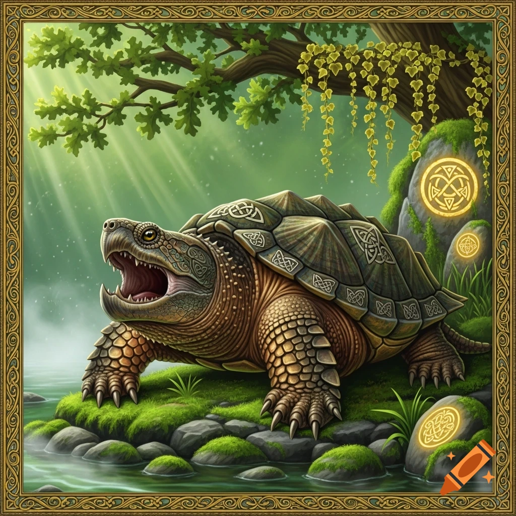 A detailed fantasy alligator snapping turtle with Celtic patterns on its shell, mouth open, on mossy rocks by a stream with glowing symbols.