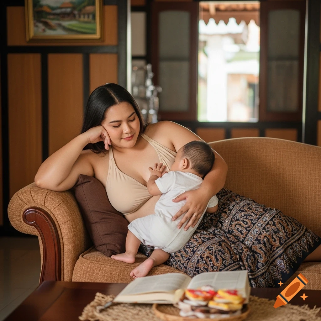 A smiling woman in a beige top breastfeeds her baby while relaxing on a brown sofa in a Malaysian village house.