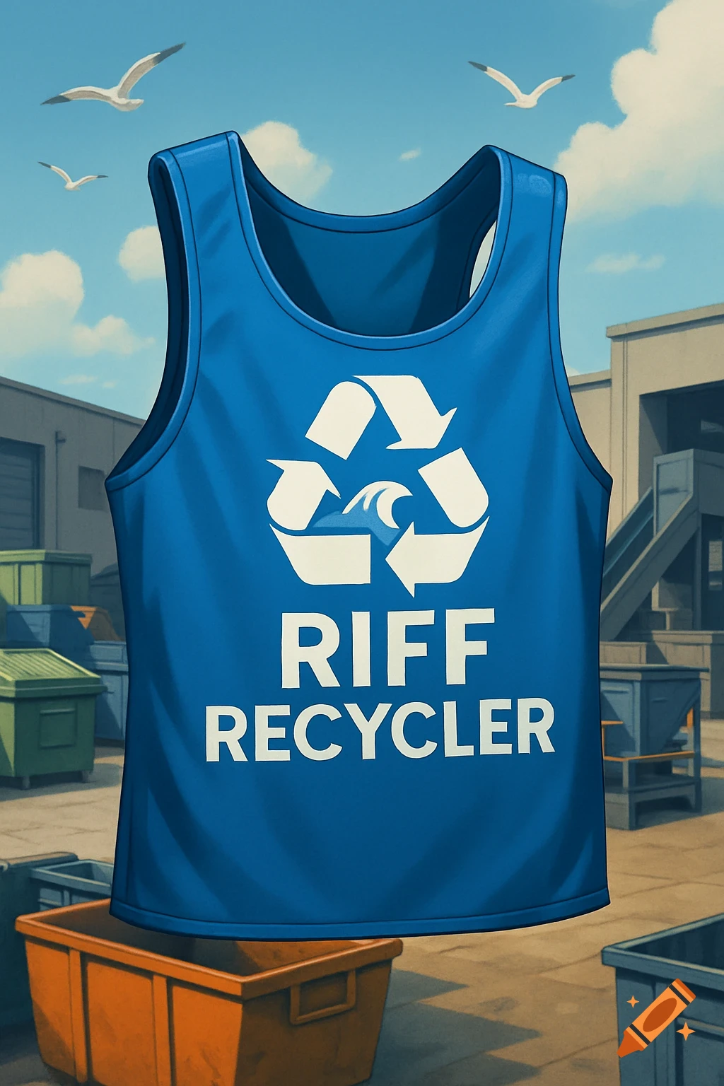An illustrated blue tank top with a white recycling logo featuring a wave, and the text "RIFF RECYCLER" over a recycling yard background.