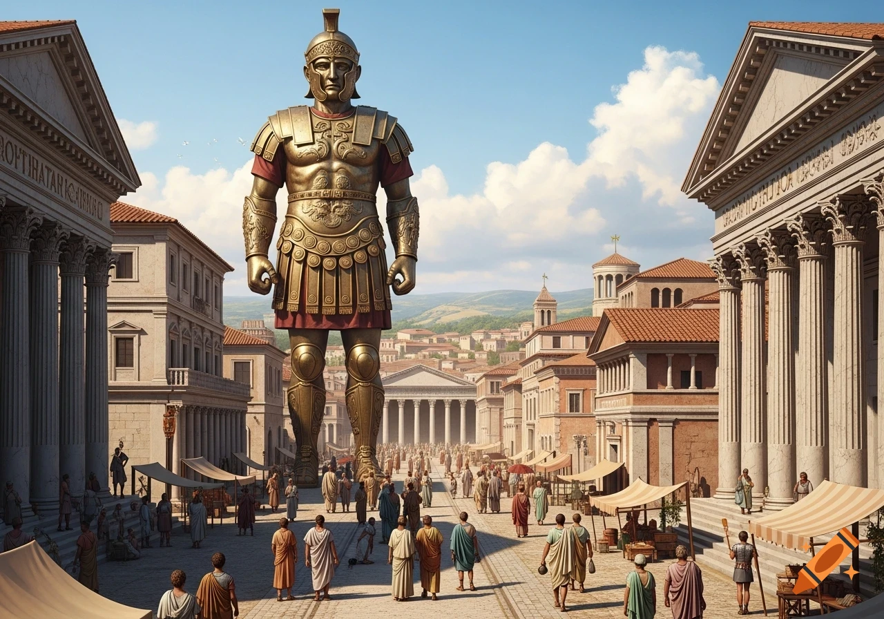 A colossal golden Roman soldier statue stands in the center of a bustling ancient city street filled with toga-clad people and classical buildings.