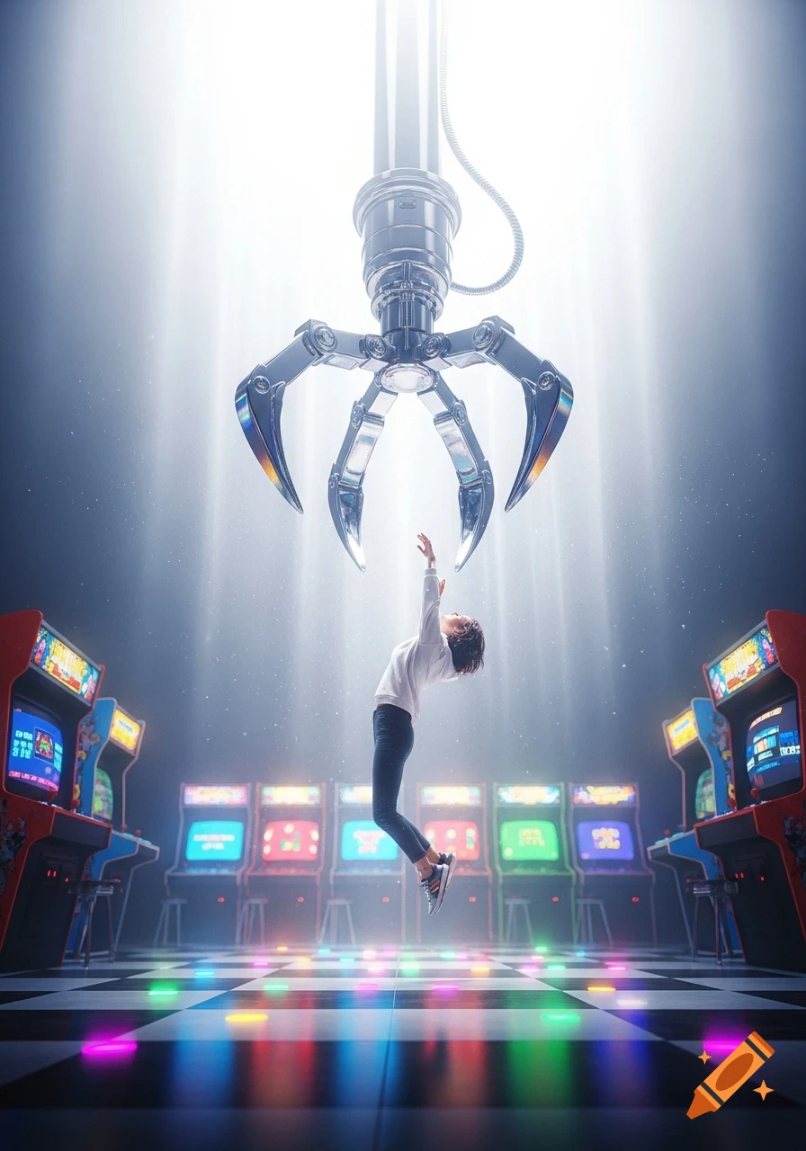 A person is lifted by a giant claw machine in a brightly lit arcade, with colorful reflections on a checkered floor and arcade cabinets.