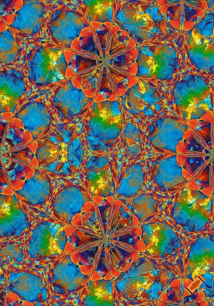 A vibrant and intricate abstract pattern resembling a kaleidoscope, with repeating floral and geometric shapes in blue, orange, green, and yellow.