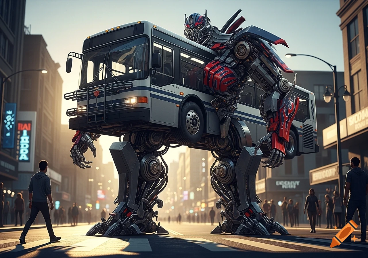 A large gray and red Transformer robot, shaped like a city bus, walks down a sunlit city street with people.