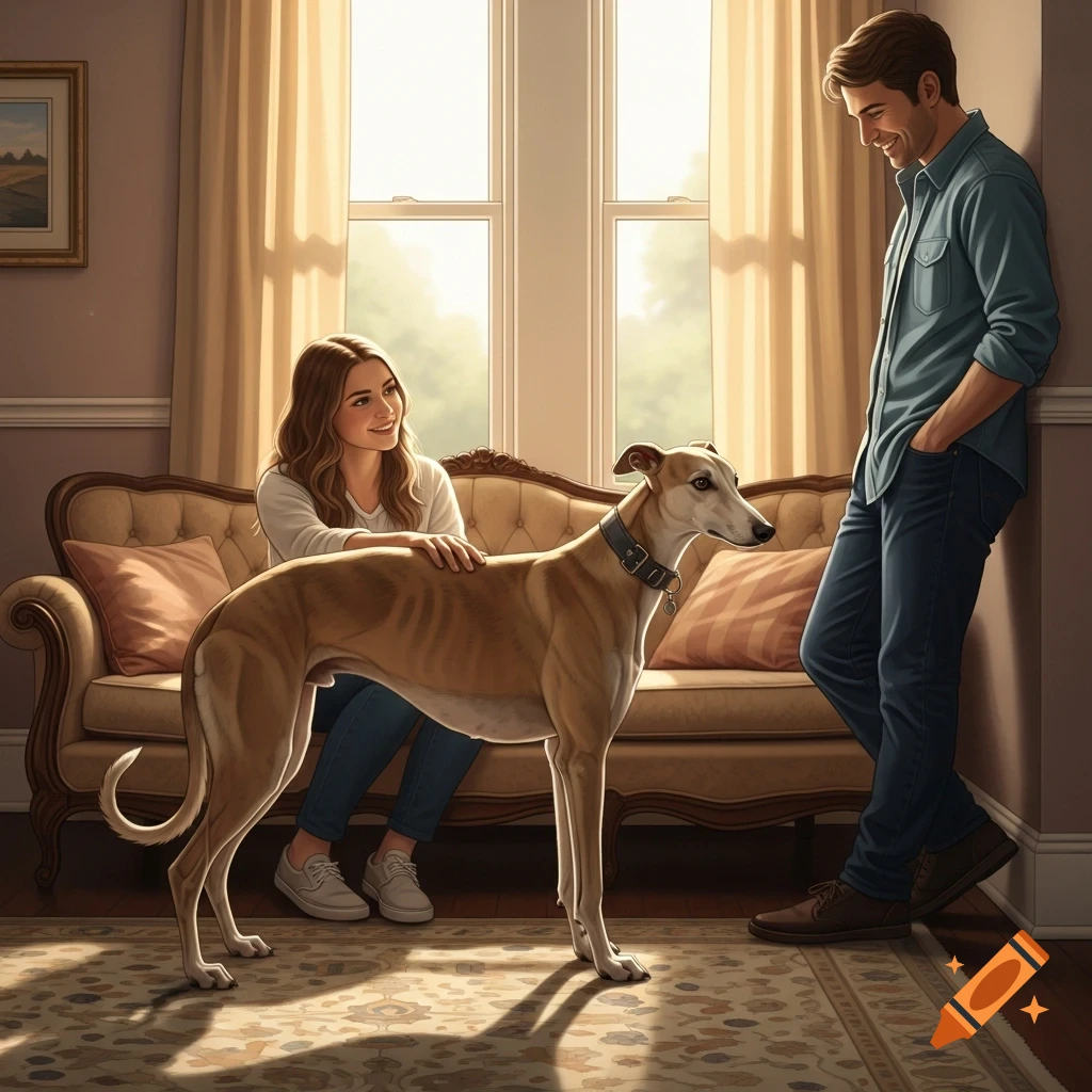 A woman pets a lean fawn Greyhound in a sunlit living room while a man smiles at them.