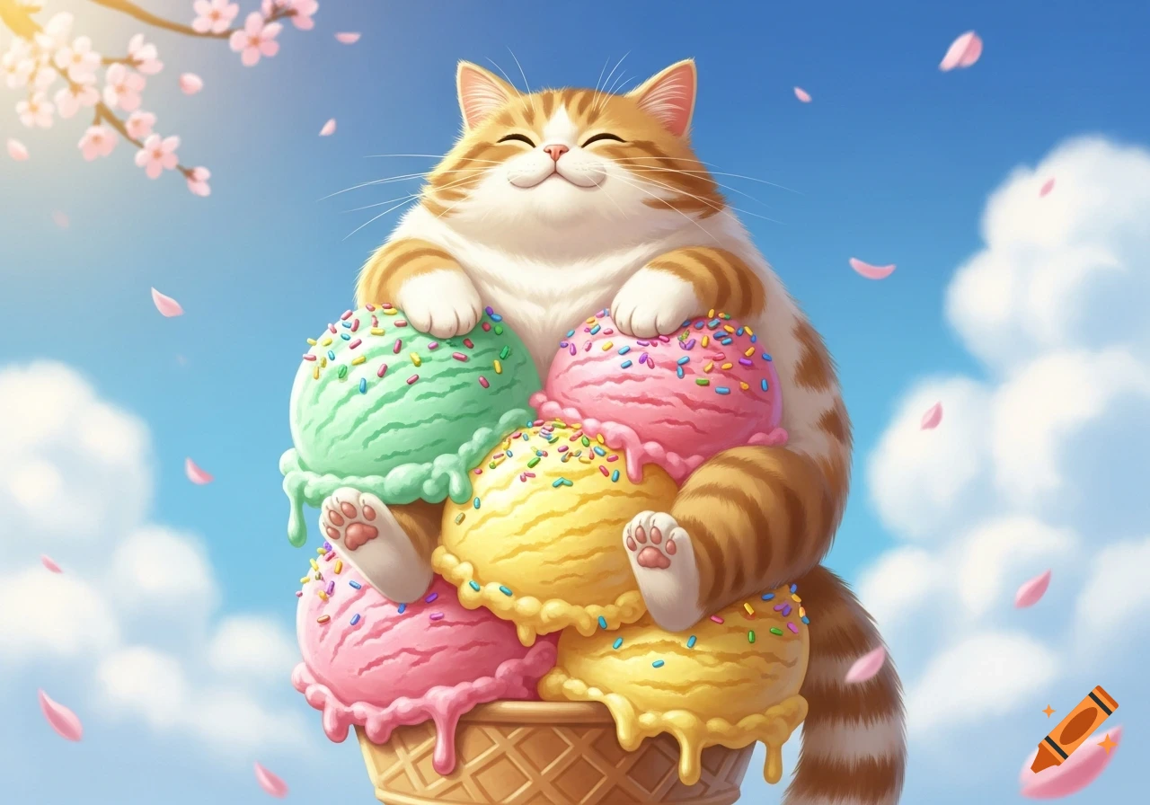 A happy, fluffy orange tabby cat sits on a tall stack of colorful, sprinkle-covered ice cream in a waffle cone under a sunny sky with falling cherry blossoms.
