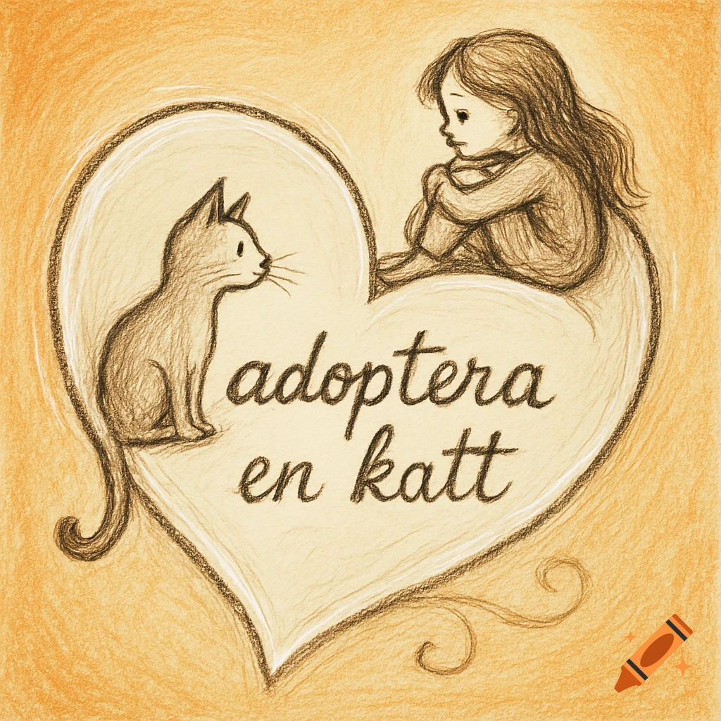 Colored pencil drawing of a girl and a cat facing each other inside a heart, with the text "adoptera en katt".