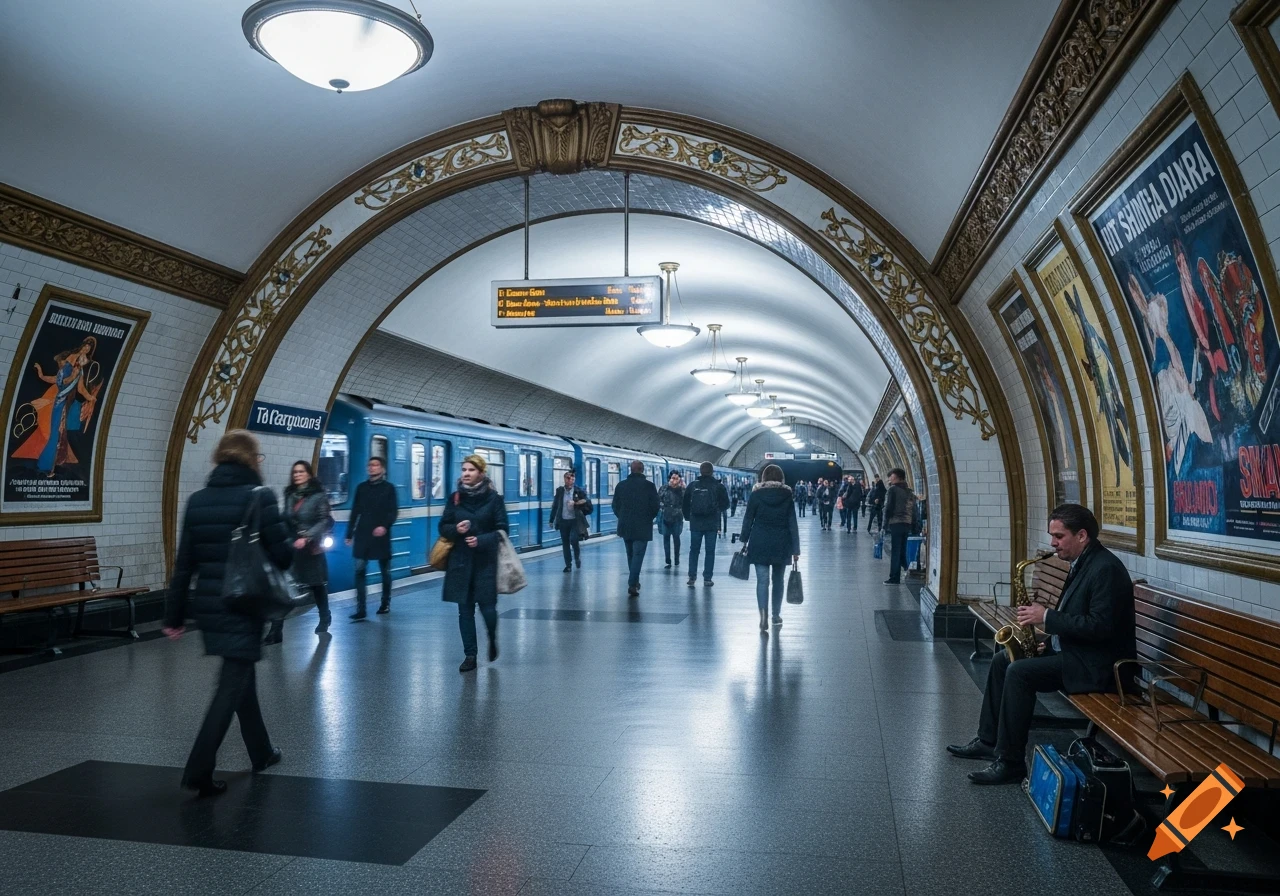 People on a subway platform next to a blue train, with a musician playing saxophone on a bench, in a decorative station.
