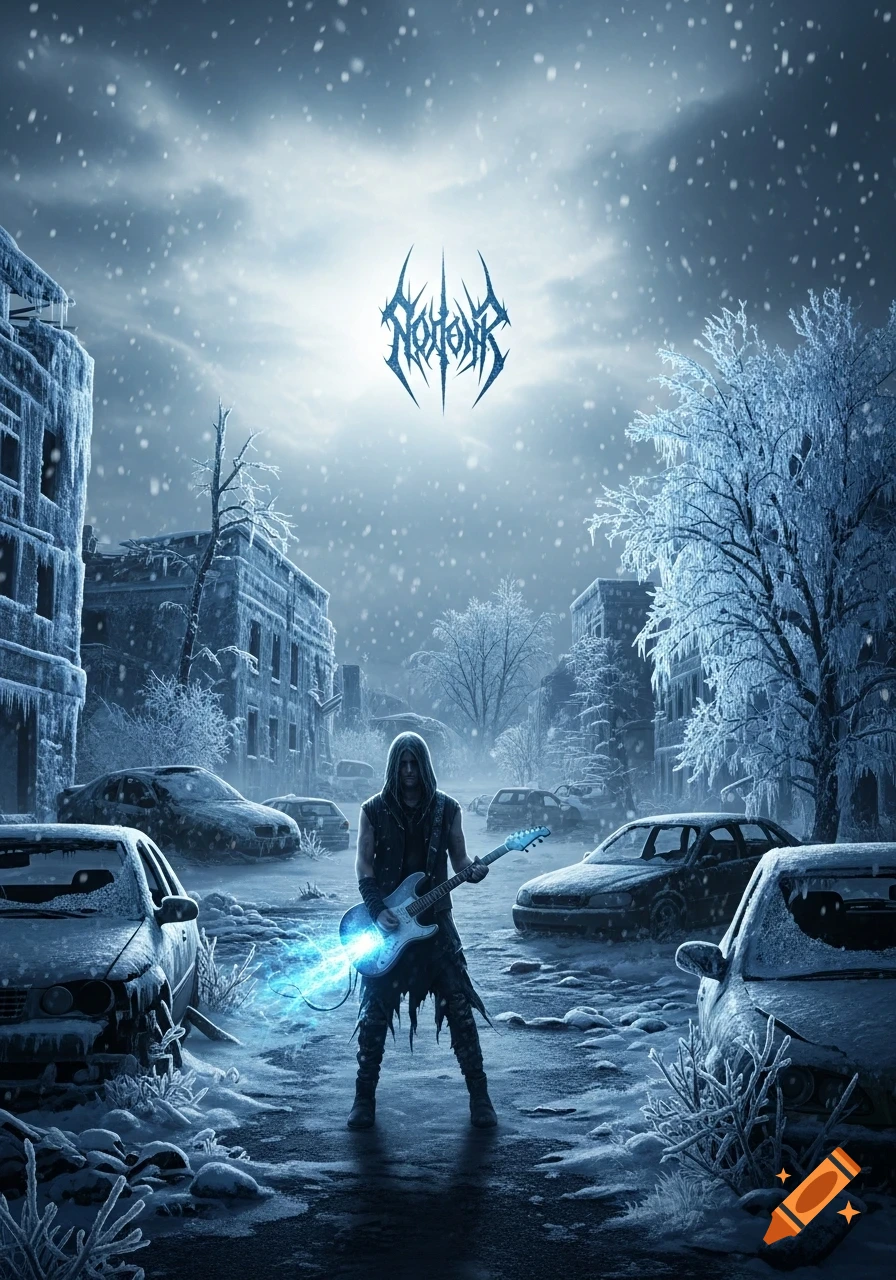 A hooded figure playing a glowing electric guitar in a snowy, ruined city with abandoned cars and ice-covered buildings under a dark, snowy sky. A stylized logo is in the sky.