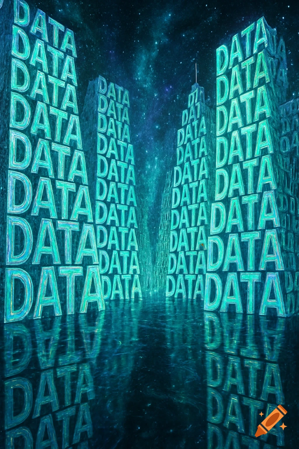 Glowing 'DATA' text forms futuristic skyscrapers under a cosmic sky, reflecting on a dark surface, in a surreal style.
