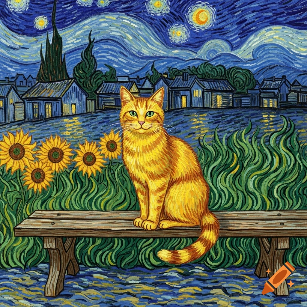 A ginger cat on a bench in a Van Gogh style painting, with sunflowers and a village under a swirling starry night.