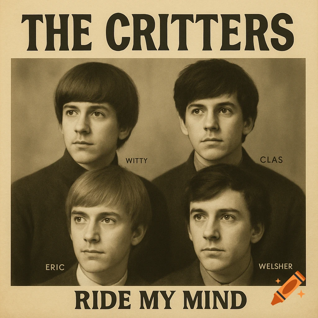 Sepia-toned album cover features four young men in a 1960s band portrait, with 'THE CRITTERS' at the top and 'RIDE MY MIND' at the bottom.