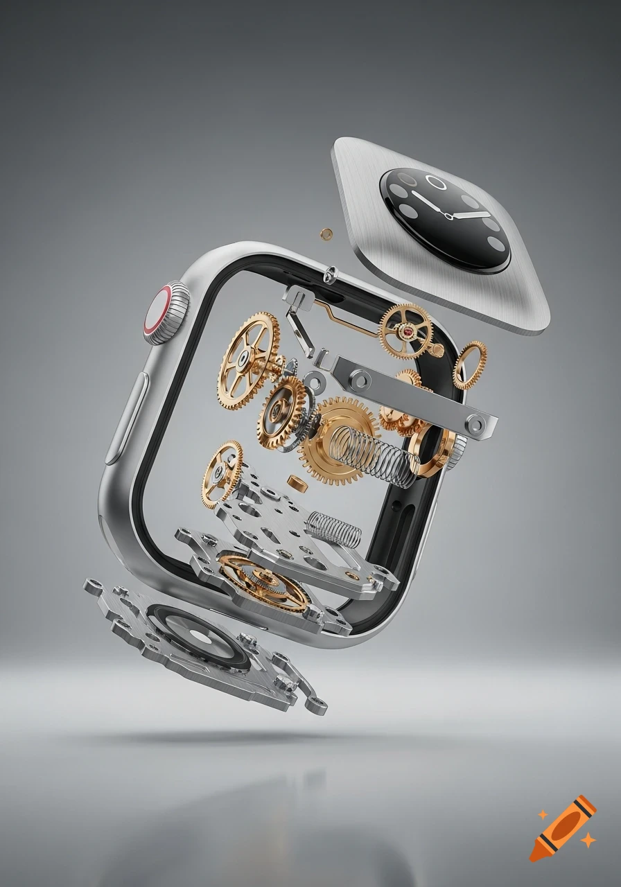 Exploded view of a silver smartwatch, revealing its intricate gold and silver internal gears and components suspended in mid-air against a gray background.