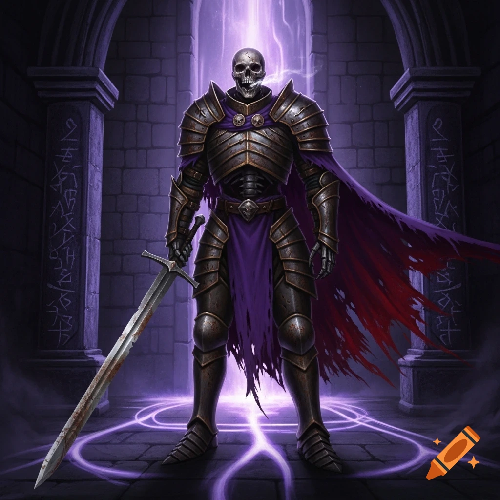 A skeletal knight in dark armor and a torn purple cape stands in a purple-lit crypt, holding a rusty sword.