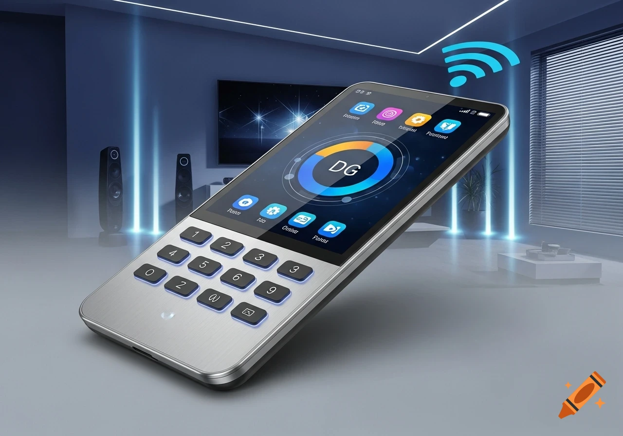 A sleek silver smart home remote control with a digital screen and physical keys, emitting blue light in a modern room.