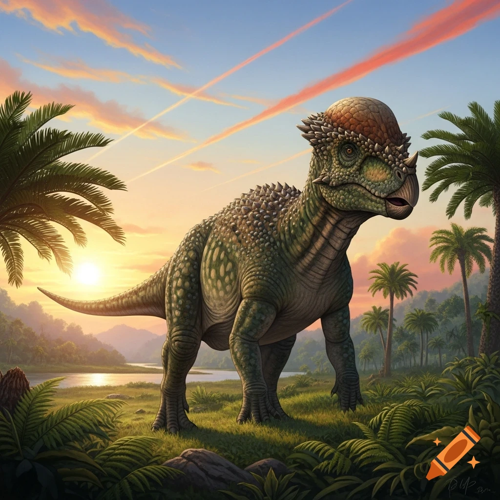 A Pachycephalosaurus stands in a lush, prehistoric jungle at sunset, by a river with palm trees.
