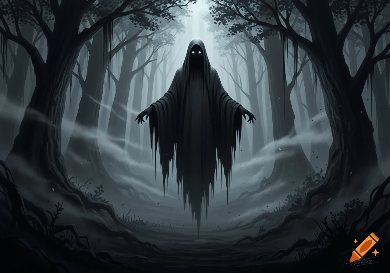 An eerie black ghost with glowing white eyes floats in a dark, misty forest, surrounded by tall trees.