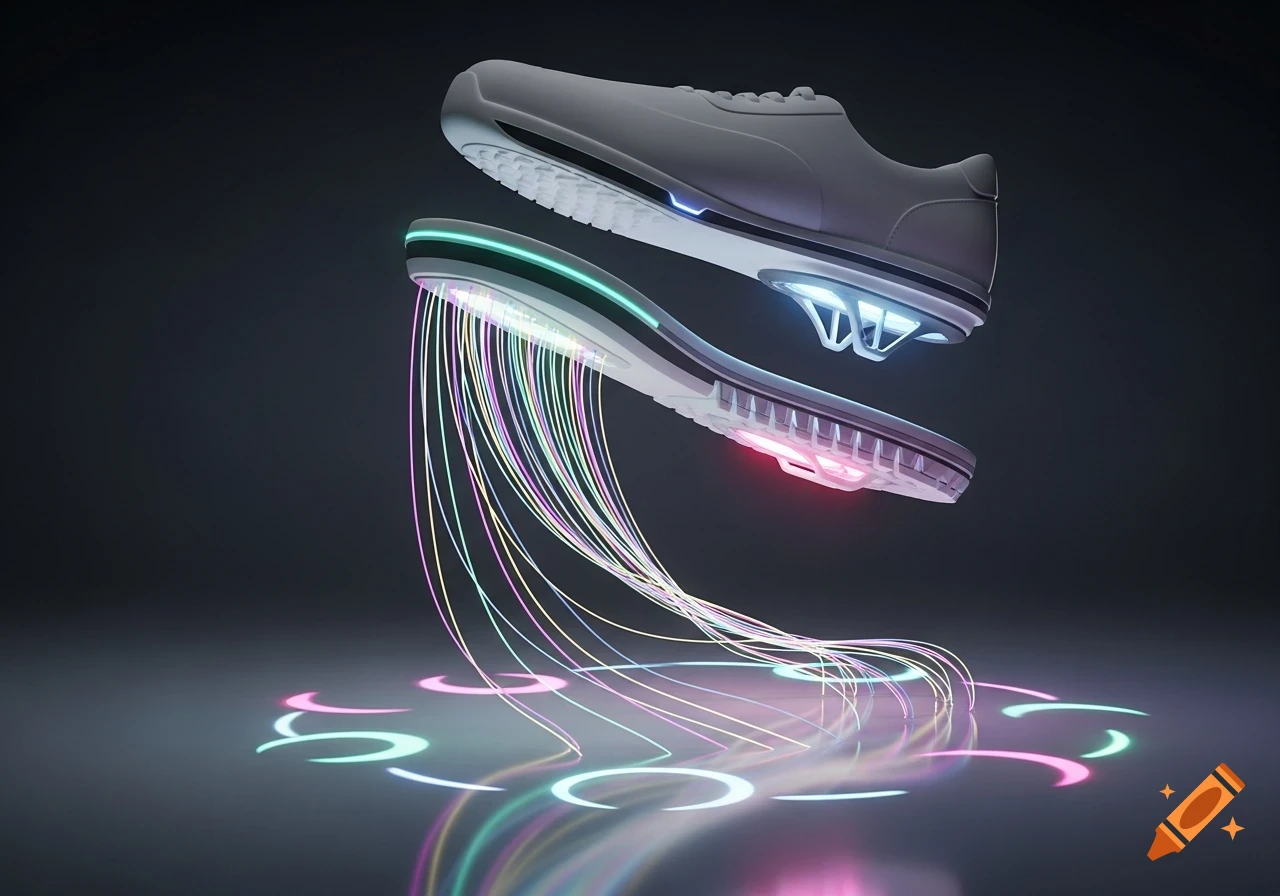 A futuristic gray shoe and its detached glowing sole, emitting colorful light trails and hovering above luminous patterns on a dark surface.