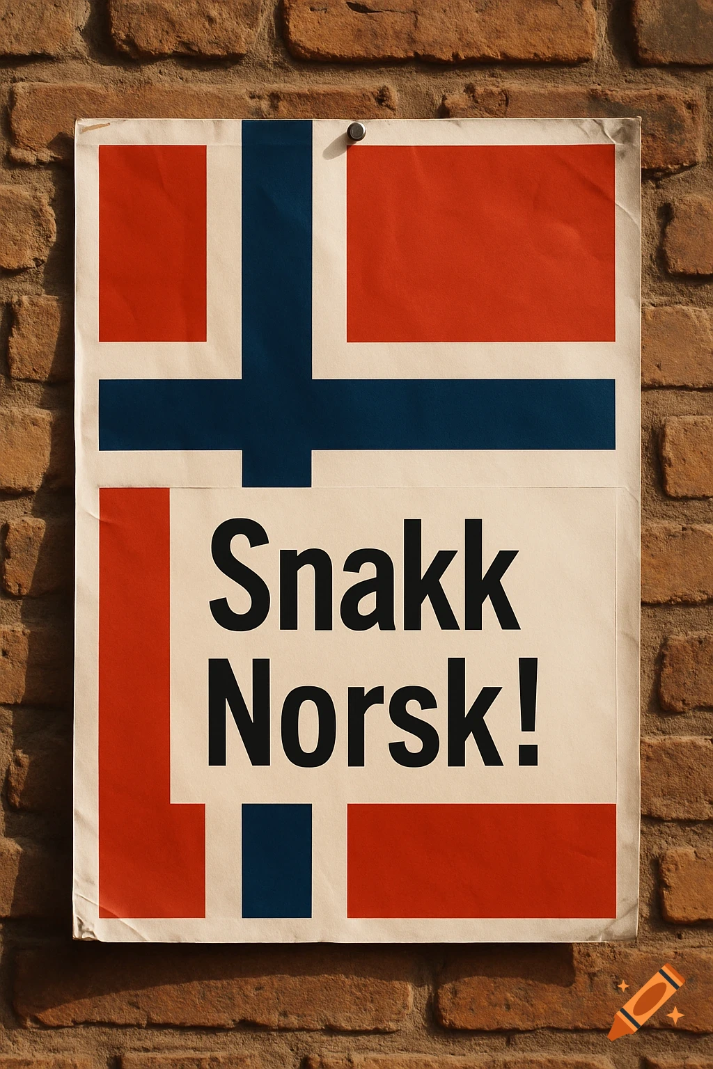 A photorealistic poster featuring the Norwegian flag design and the text 'Snakk Norsk!' (Speak Norwegian!), tacked onto a brick wall.