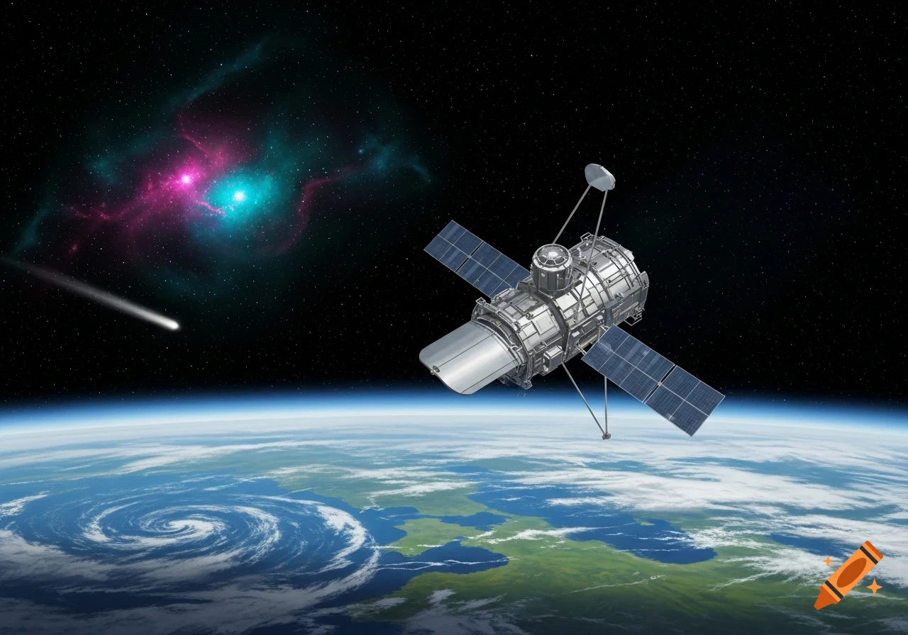 A photorealistic image of a space telescope orbiting Earth, with a colorful nebula and a comet visible in the starry background.