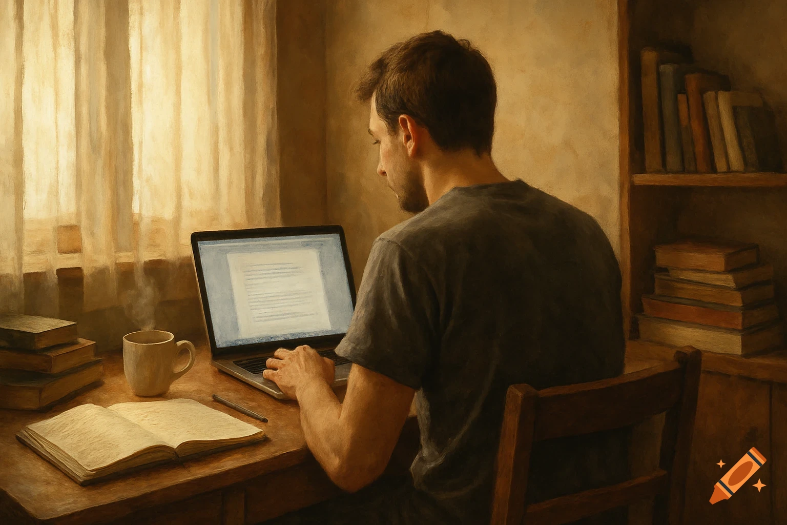 Man sitting at a desk with a laptop, steaming coffee, and open book, bathed in warm morning light, painted in a realistic style.
