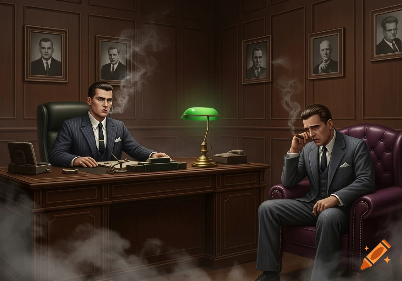 Two men in 1950s suits in a wood-paneled office. One man sits at a desk, the other in an armchair, both smoking cigars.