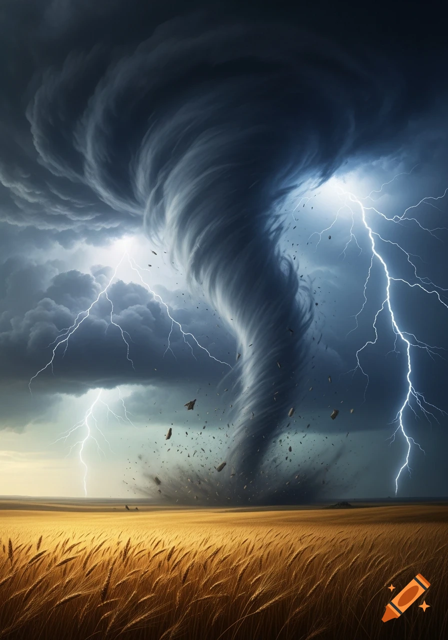 A massive tornado swirls over a golden wheat field under a dark, stormy ...