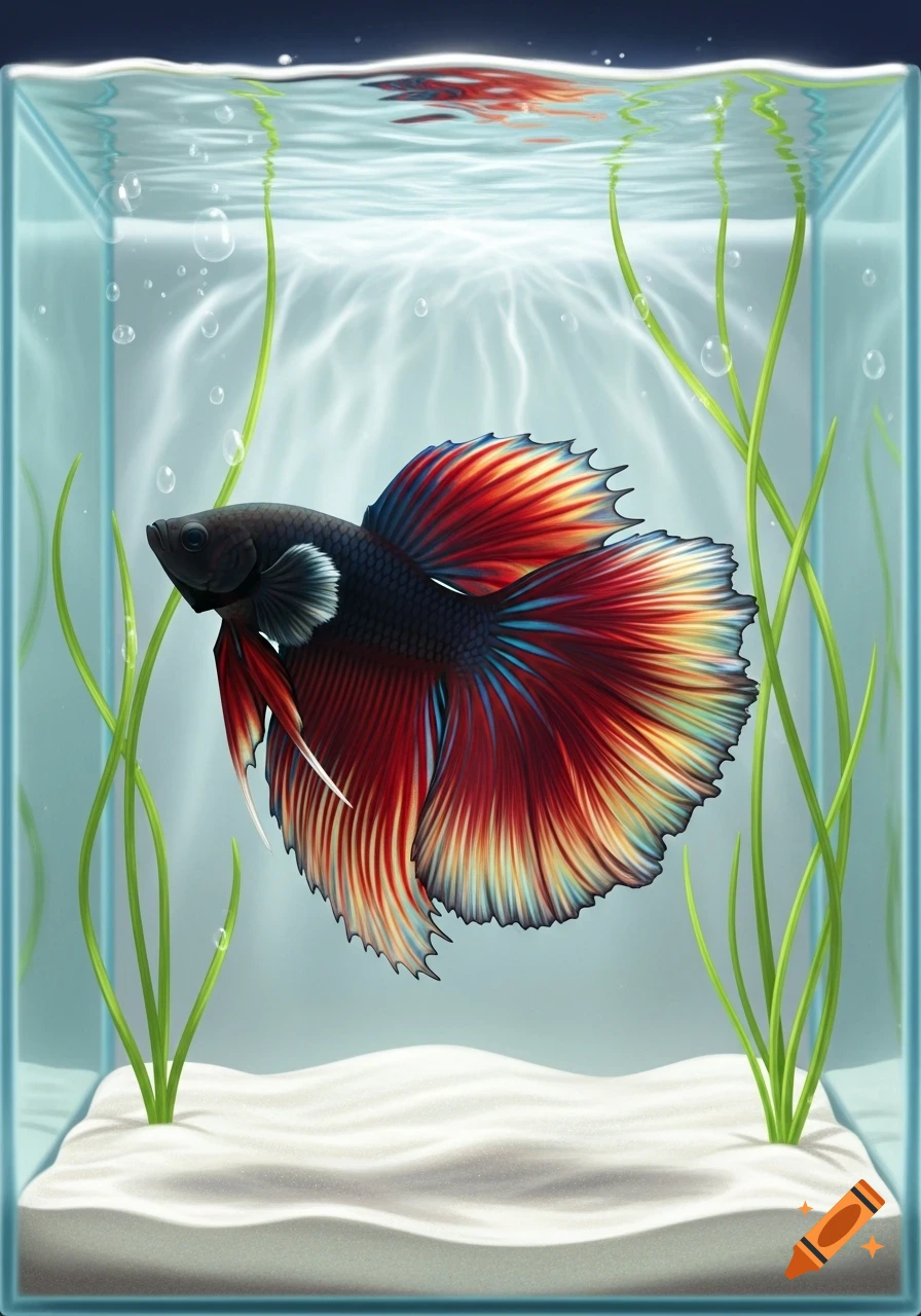 A vibrant red, black, and blue betta fish swims in a clear glass aquarium with white sand and green aquatic plants.