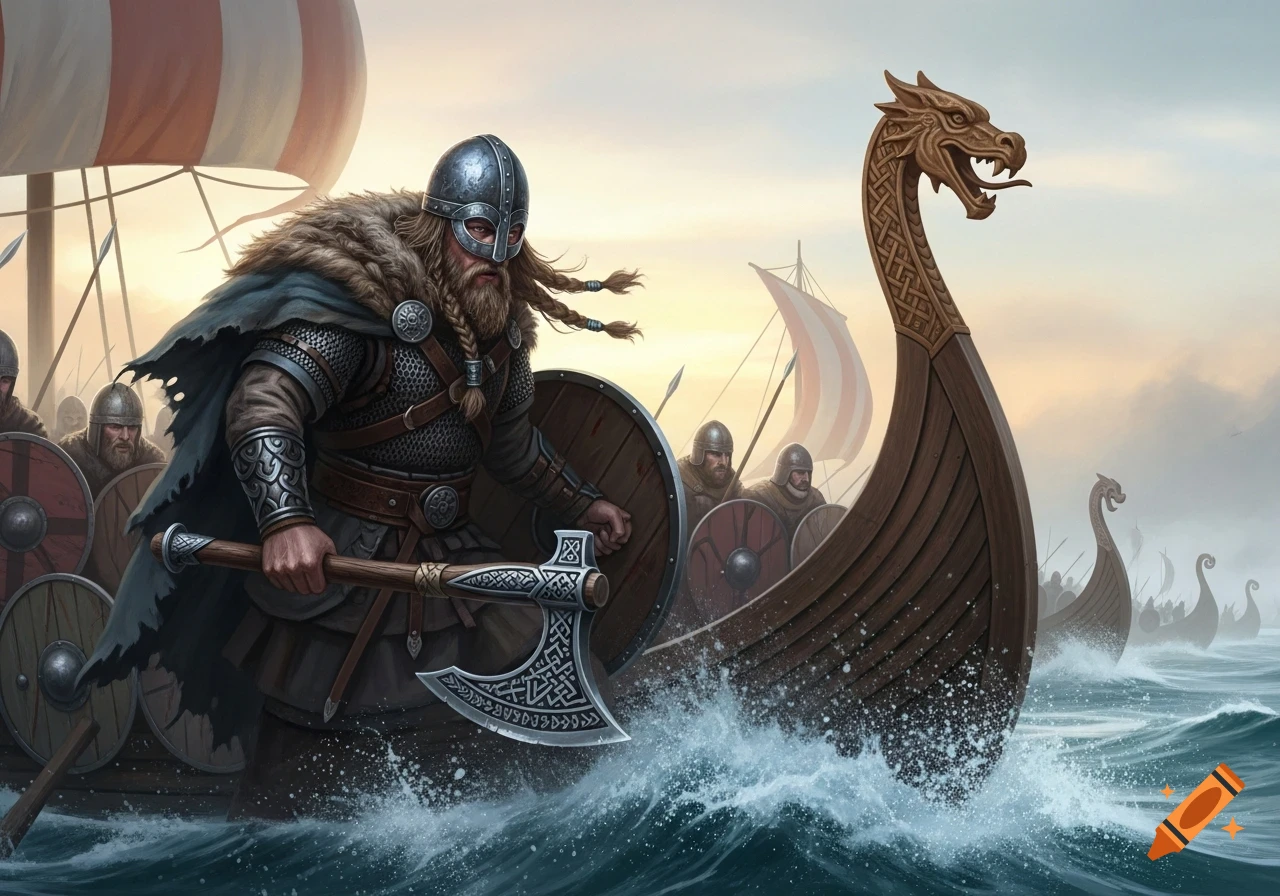 A determined Viking warrior in armor, holding an axe and shield, leads a fleet of longships through choppy seas under a dramatic sky.